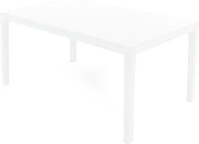 A white rectangular outdoor dining table with a slatted top and four legs, shown against a white background.
