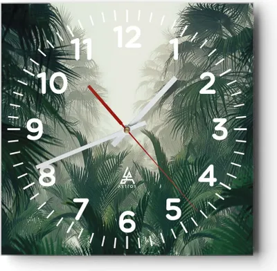 Produktbild von Wanduhr - Quadrat - Glasuhr - Dschungel Blätter Palmen - 40x40cm - Schleichendes Uhrwerk - Lautlos - zum Aufhängen bereit - Dekoration Modern - Wanddekoration aus Glas - C4AC40x40-4504