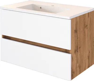 Produktbild von Badezimmer Waschtisch 80 cm in Wotaneiche Nb. mit matt weiß LOUROSA-03 inkl. Mineralgussbecken, B/H/T: ca. 80/56/47 cm