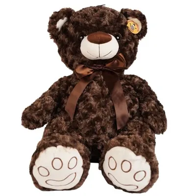 Image de Grand ours en peluche bouclé de 56 cm avec un nœud, ours en peluche classique, ours à câliner