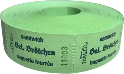 Produktbild von Bonrolle Belegtes Brötchen grün dreisprachig 1000 Abrisse perforiert nummeriert