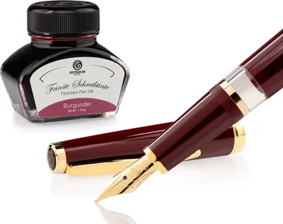 Immagine prodotto di Set penna stilografica Cleo Skribent Classic Gold Bordeaux, penna stilografica a stantuffo e 30 ml di inchiostro bordeaux