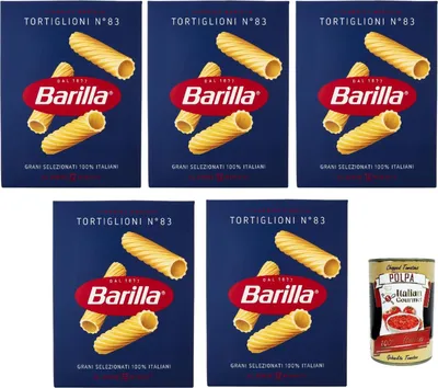 Produktbild von 5x Barilla Tortiglioni n° 83, Pasta 100% italienisch Nudeln aus Hartweizengrieß 500g Packung + Italian Gourmet Polpa di Pomodoro 400g Dose