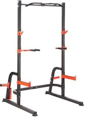A black and orange multi-functional fitness rack with a pull-up bar.