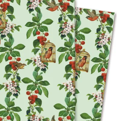Produktbild von Wunderschönes Geschenkpapier Apfelkirsche mit Vögeln und Blüten, grün - G4237, 32 x 48cm