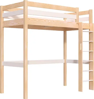 Produktbild von Hohes bett 1-Personen Sylvia 90x200 mit gerader Leiter - Naturlack/Weiß