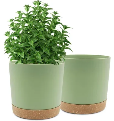 Productafbeelding van Bloempotset van 2 stuks, 25,4 cm, groen, met onderzetters, geschikt voor kamerplanten en de tuin