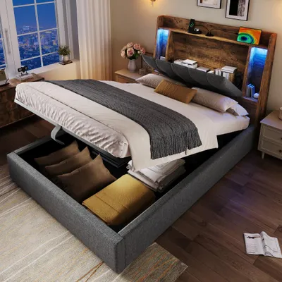 Produktbild von Polsterbett，USB-C-Ladebett mit LED-Beleuchtung, Stauraum mit Flip-Top, App-Steuerung, aus Leinen, ohne Matratze, multifunktional, Grau, 90x200 cm