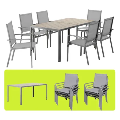 Produktbild von BEALIFE 7-teiliges Gartenmöbel-Set mit Tisch & 6 Stühlen | Metalltisch in Holzoptik, stapelbare Outdoor-Stühle | Für Garten, Terrasse | Hellgrau TB104