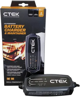 A CTEK CT5 Powersport battery charger and maintainer is shown with its packaging.