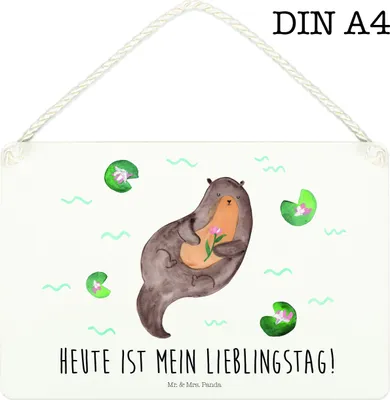 Produktbild von Mr. & Mrs. Panda holzbild Otter Seerose DIN A4 - Weiß - Geschenk, Schild, Holzschild, Türschild, Lieblingstag, Wasser, wandtafel, Wandbild Holz, Fluss, Seeotter