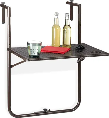 Produktbild von Relaxdays Balkonhängetisch klappbar, 3-fach höhenverstellbar, Rattan-Optik, wetterfest, Tisch BxT 59,5 x 36 cm, braun