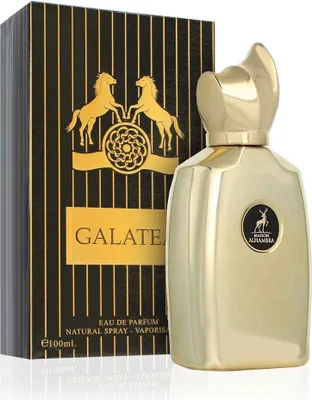 A perfume bottle and its packaging are displayed against a white background.