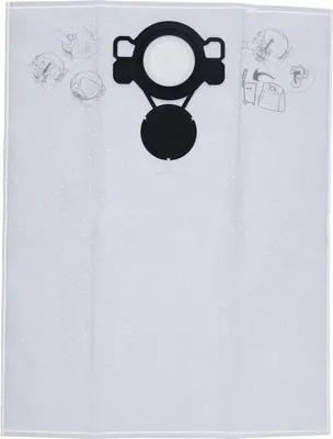 A white disposable vacuum cleaner bag with black graphics and text.