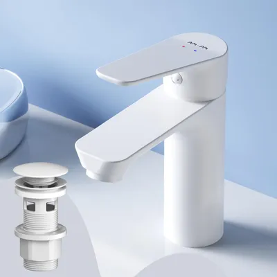 Produktbild von AM.PM Badarmatur mit Pop-Up Ablaufventil für Waschbecken Wasserhahn Bad Weiss Waschtischarmatur mit Ablaufgarnitur 1 1/4 Zoll Messing Ventil Ablauf