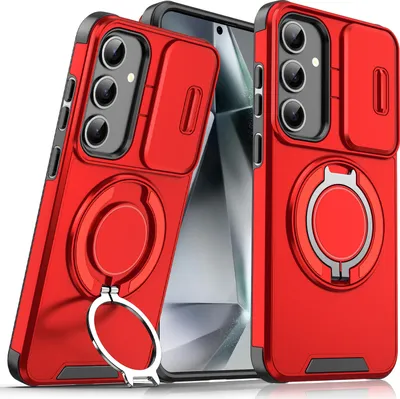 Immagine prodotto di Custodia a doppio strato per Samsung Galaxy S25, con copertura scorrevole della fotocamera e supporto ad anello magnetico Rosso