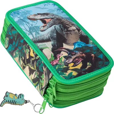 Mäppchen Federtasche 3 Fach, Federmäppchen Schüleretui, Schlamperbox, Stiftemappe mit 3 Reißverschluss-Fächern, Dinosaurier [150]