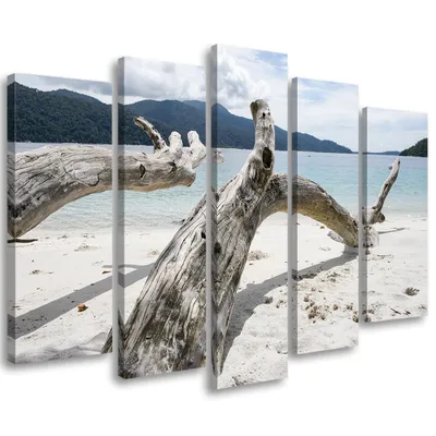 Immagine prodotto di Quadro in tela in 5 pezzi mare spiaggia albero 200x100 cm Feeby beige quadro da parete pronto per essere appeso