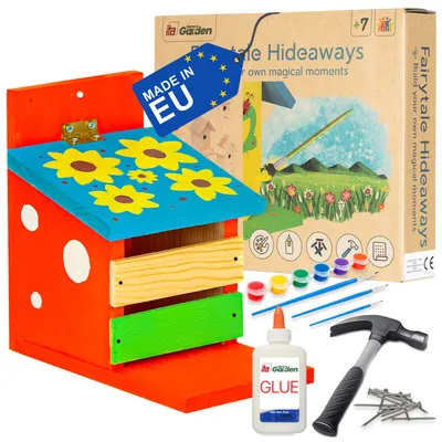Produktbild von ITA DIY Futterhaus für Eichhörnchen zum Zusammenbauen und Bemalen BushyBite - Komplett Bausatz mit Hammer, Nägeln, Farben zum Bauen und Malen für Kinder - Bastelset für Jungen & Mädchen