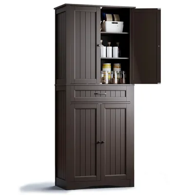 Zdjęcie produktu dla BEALIFE Wysoka szafka z 4 drzwiami i 1 szufladą | 73x42x180 cm z zabezpieczeniem przed przechyleniem do jadalni, sypialni i magazynu | Biały/brązowy/czarny | AP16
