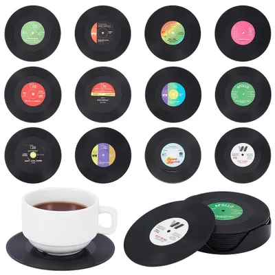 Produktbild von Mini Schallplatten Getränkeuntersetzer - 12 Stück mit Aufbewahrungsbox zum Schutz von Tischoberflächen - Schwarz - 105x2 mm