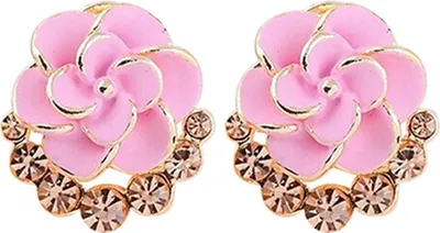 Produktbild von Frauen Pfingstrose Kamelie Blume Strass Legierung Ohrstecker Ohrringe Party Schmuck-Rosa