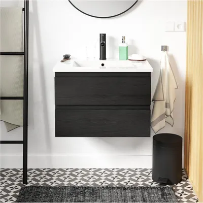 Produktbild von Einzelwaschtisch-Set 60cm mit Keramikplatte und schwarzem Wasserhahn SORRENTO