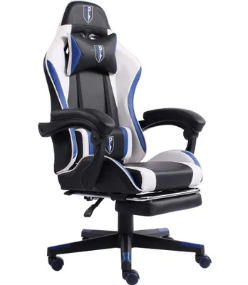 Produktbild von Gaming Chair im Racing-Design mit flexiblen gepolsterten Armlehnen - ergonomischer PC Gaming Stuhl in Lederoptik - Gaming Schreibtischstuhl mit ausziehbarer Fußstütze und extra Stützkissen,Farbe:Schwarz/Weiß-Blau