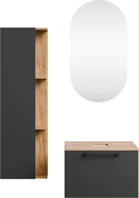 A bathroom vanity set including a cabinet, mirror, and side cabinet.