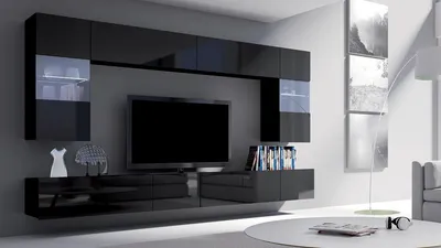 Produktbild von Wohnwand CALABRINI-1 Hängewohnwand, Modern, Schwarz, Hochglanz, mit LED-Beleuchtung, gehärtetes Glas, grifflos, 5 cm,  (Schwarz / Schwarz Hochglanz)