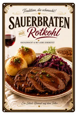 Produktbild von Blechschild 20x30cm Sauerbraten mit Rotkohl Retro Vintage Metallschild Küchen Deko AstraDesign