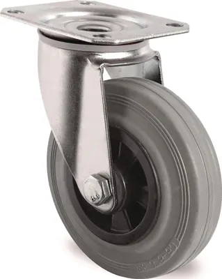 Productafbeelding van Zwenkwiel, diameter 160 mm, draagvermogen 135 kg, met bevestigingsplaat, polypropyleen, rollagers, massief rubber, grijs