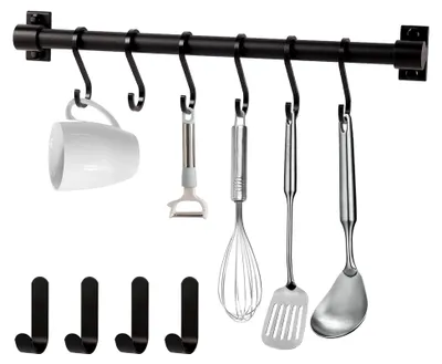 Produktbild von Küchenhakenleiste, selbstklebende Hakenleiste mit 8 beweglichen Haken, platzsparender Utensilienhalter ohne Bohren für Küche, Badezimmer und Schlafzimmer (schwarz)