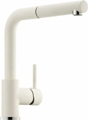 A close-up studio shot of a cream-colored kitchen faucet against a white background.