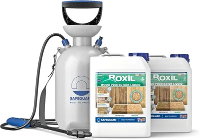Produktbild von Roxil Holzlasur (2 x 5 L & Sprayer) - Bis zu 10 Jahre Witterungsschutz und Hydrophobierung für Weichholz und gealtetes Hartholz im Außenbereich