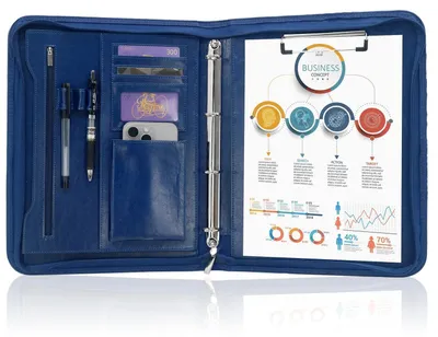 Produktbild von Schreibmappe A4 Konferenzmappe mit 4 Ringbuch und Reißverschluss, Leder, Blau