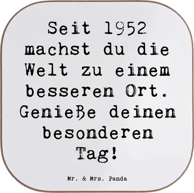 Produktbild von Mr. & Mrs. Panda Tassenuntersetzer Spruch 1952 Geburtstag - Weiß - Geschenk, persönliches, Teeuntersetzer, Handarbeit, Geburtstagsgeschenk, Tischuntersetzer, Jahrgang