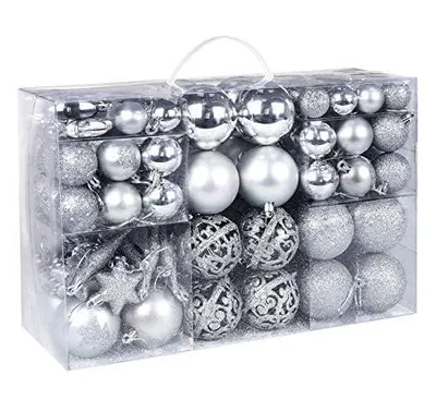 Produktbild von Weihnachtskugeln 116er Set Christbaumkugeln Silber Weihnacht Ornamente, Set inkl. Baumspitze Kiefernzapfen Stern Dekoration gemalte Kugel ∅ 30/40/60mm