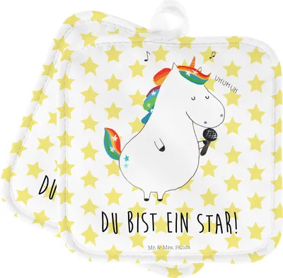 Produktbild von Mr. & Mrs. Panda Topflappen Einhorn Sänger - Weiß - Geschenk, Kochlappen, Topfuntersetzer, Freundin, Glitzer, Party, Ofenlappen, Einhörner, Geburtstag, Set, Unicorn