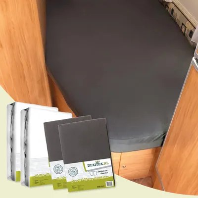 Produktbild von Dexitex Jersey-Spannbettlaken 4er Set – 2 Molton + 2 Spannbettlaken für Queensbett, 135-160x210 cm, Wohnmobil & Wohnwagen, Baumwolle – Dunkelgrau/Weiß
