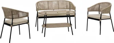 Zdjęcie produktu dla Zestaw sof Sofa 2-osobowa Rattan Nowoczesny 2x Fotel Stolik Kawowy Beżowy