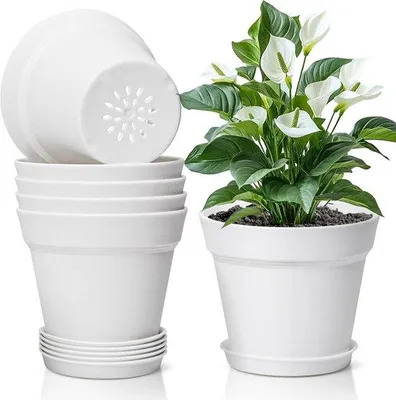 Image de Set de pots de fleurs en plastique - Avec soucoupes - 6 pièces - Blanc - 19 cm