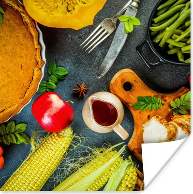 Produktbild von MuchoWow® Poster Gemüse - Gewürze - Besteck - Kuchen 50x50 cm - Wohnzimmerdekoration