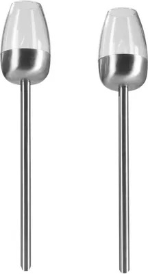 Two solar-powered garden lights with silver bases and clear tops, presented against a white background.