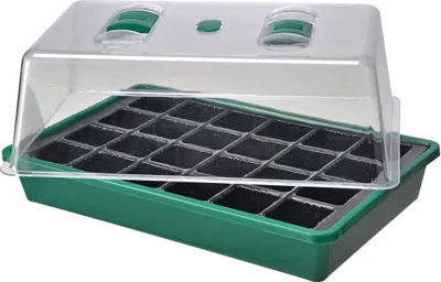 A mini greenhouse with a transparent lid and green base, showing multiple compartments for seedlings.