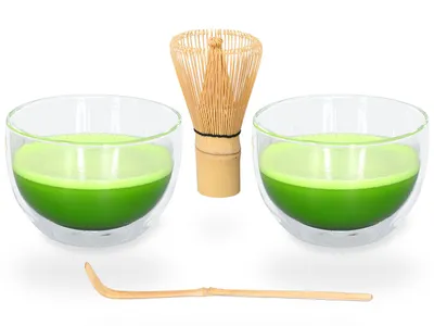 Produktbild von Matcha Set / Matchaset / 2x Matcha Schale 400ml aus doppelwandigem Thermo-Glas mit Besen und Löffel