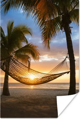 Produktbild von MuchoWow® Poster Sonnenuntergang - Hängematte - Palme 60x90 cm - Wanddekoration