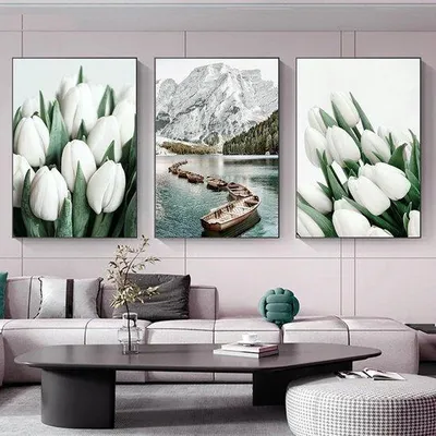 Zdjęcie produktu dla Zestaw 3 nowoczesnych plakatów z motywem tulipanów, wykonanych z płótna, bez ram, o wymiarach 21x30 / 30x40 / 40x50 cm, w żywych kolorach – dekoracja ścienna do sypialni