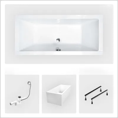 Produktbild von Rechteckige Badewanne - 180 x 80 cm - mit Polystyrol-Verkleidung - Füße - Chromablauf - QUADRO SLIM