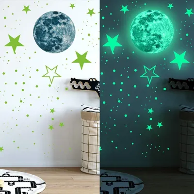 Produktbild von 3D-Wandsticker Leuchtende Sterne für die Decke - Leuchtende Sternenpunkte und Mond-Wandsticker - Selbstklebende fluoreszierende Sterne und Mond-Wanddekoration - 20cm.